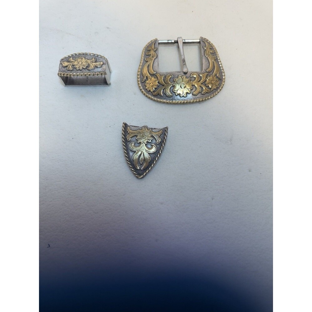 Vintage Western Belt Buckle Set 3pc Gold Silver Floral Cowboy Rodeo 1996